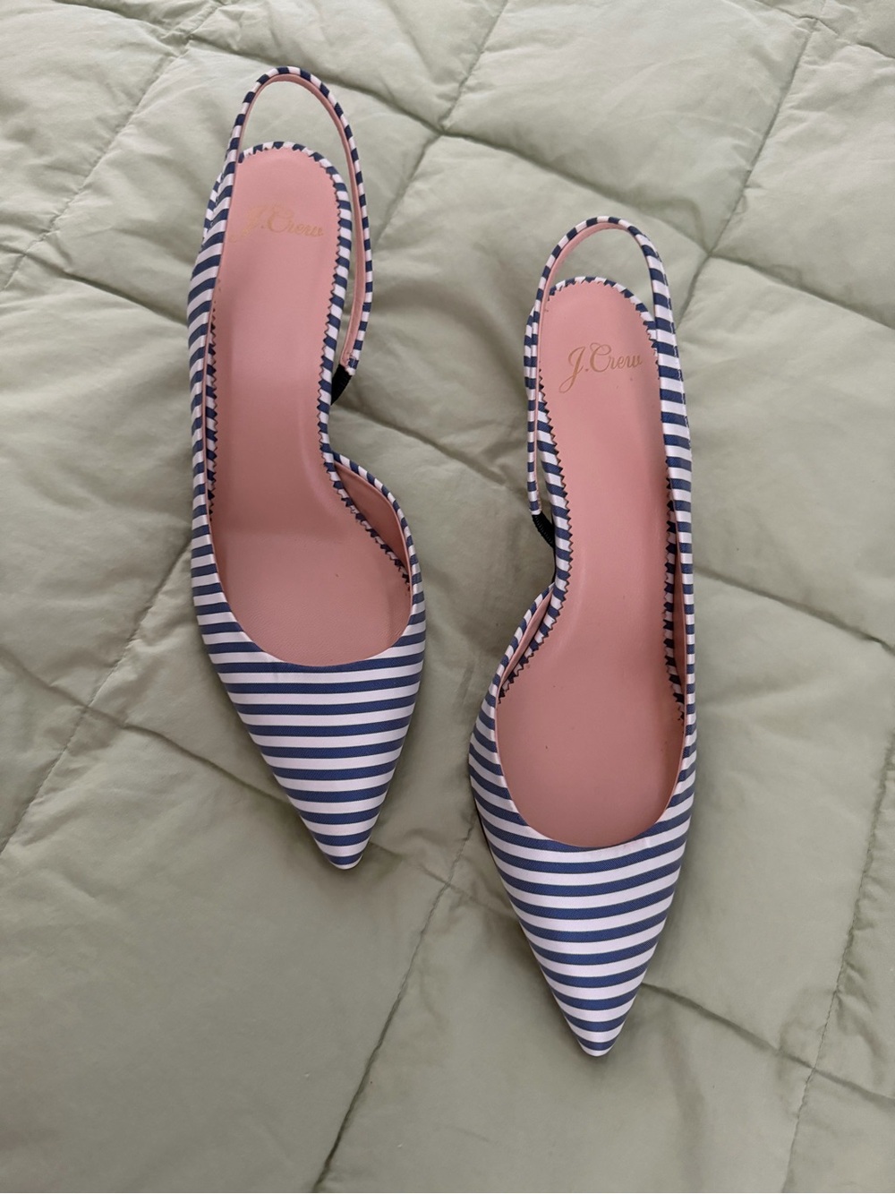 J. Crew Navy and White Striped Pointed Slingback Mules